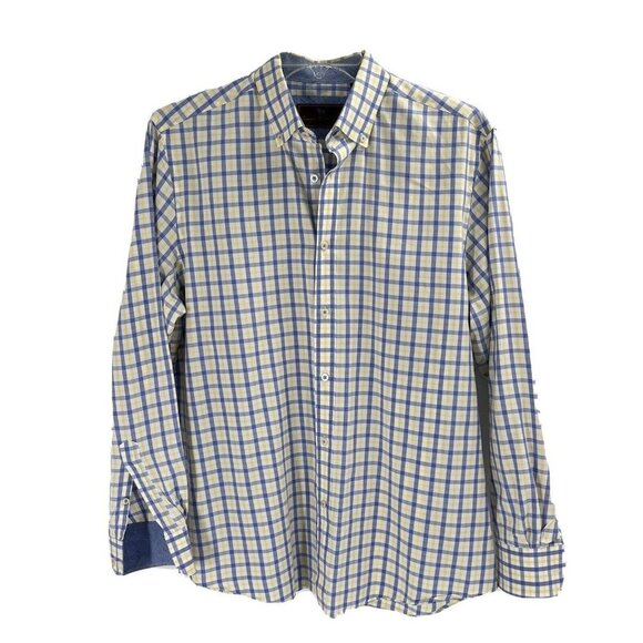 James Tattersall Mens Button Up Shirt Blue Yellow Plaid Check Sz Large - Picture 1 of 6